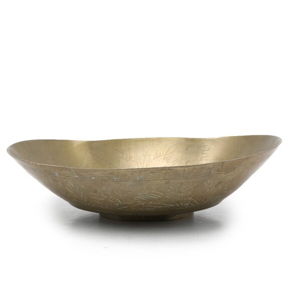 Vintage Chinese Brass Etched Bowl Longevity Prosperity Scalloped Edge Footed - Picture 6 of 13